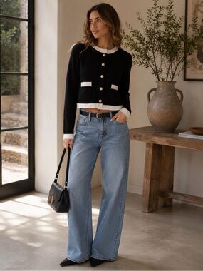 ShopEvelynne Black Cropped Cardigan Blazer with White Trim